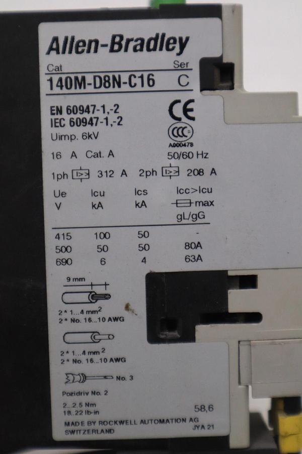 Used Allen Bradley 140M-D8N-C16/ 100-C16*10 Motor Circuit Protector STOCK 3987-A