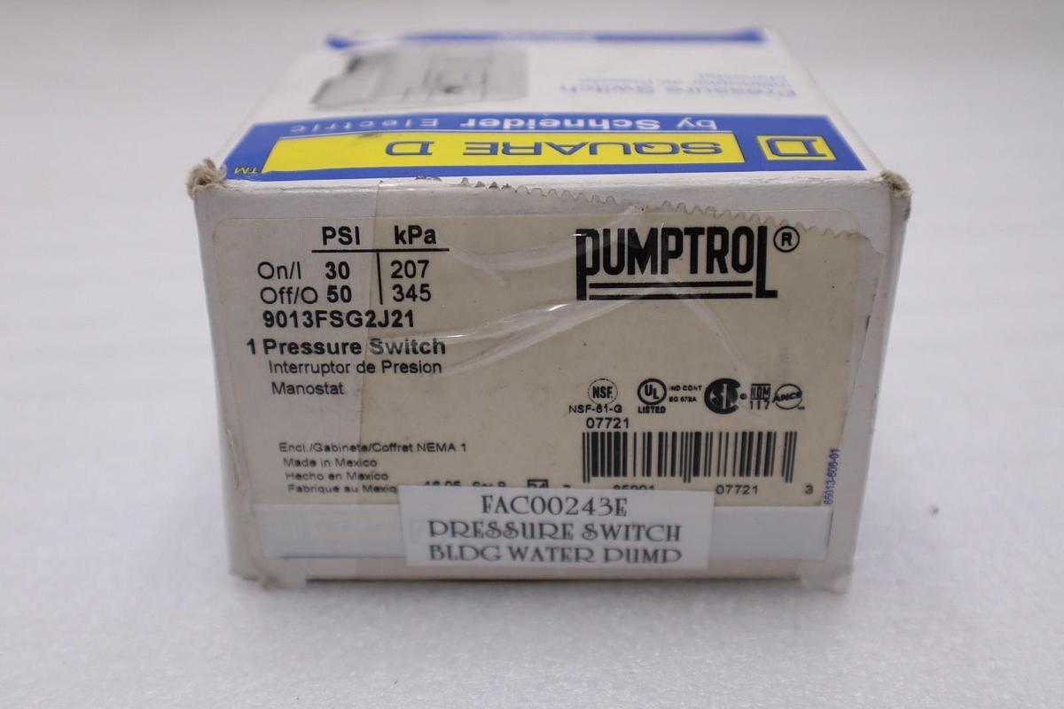 Used SQUARE D PUMPTROL PRESSURE 9013FSG2J21U SWITCH STK 3286A
