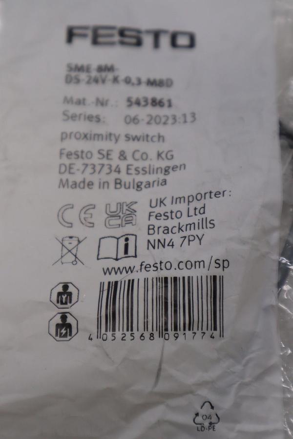 FESTO 5-10V M8 NO PROXIMITY SENSOR 543861 SME-8M-DS-24V-K-0,3-M8D STK H1656A