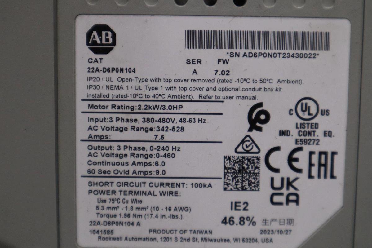NEW OPEN BOX Allen-Bradley 22A-D6P0N104/ 22AD6P0N104 3 HP PowerFlex 4 STK GF74