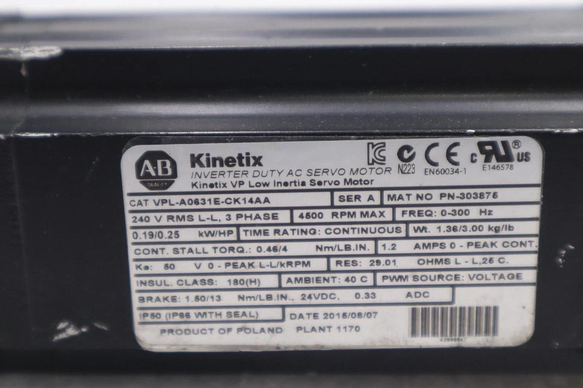 Used Allen Bradley VPL-A0631E-CK14AA SERVO MOTOR STOCK K-2573-b