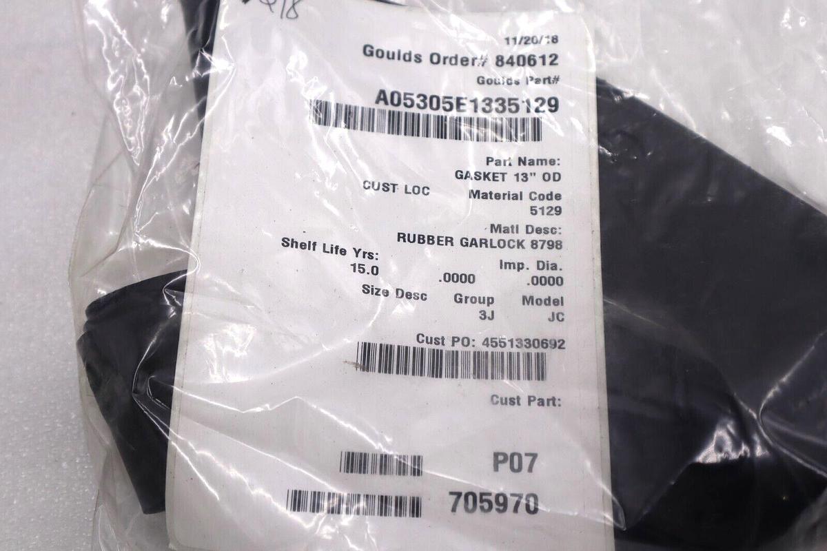 NEW GOULD A05305E1335129 RUBBER GARLOCK 8798 GASKET 13" 0D #L-472