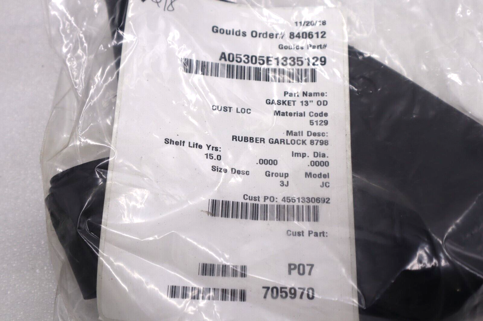 NEW GOULD A05305E1335129 RUBBER GARLOCK 8798 GASKET 13" 0D #L-472