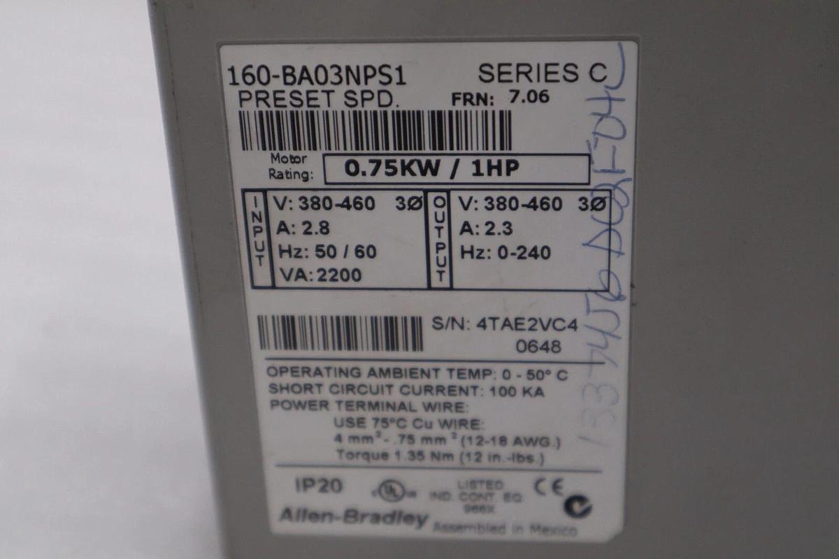 ALLEN BRADLEY 160-BA03NPS1 AC 1HP 380-460V-AC 0-240HZ DRIVE NEVER USED #H384A