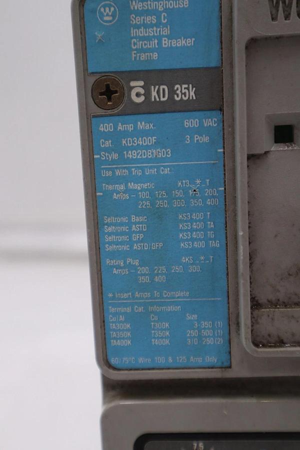 Used Westinghouse KD3400F 3 Pole 400A 600V Circuit Breaker 225A Trip - Used STK 3067