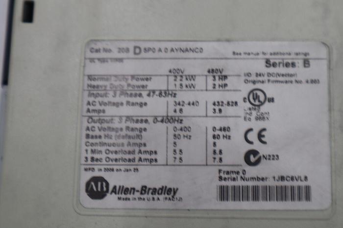 Used Allen Bradley Power Flex 700 Drive 3 HP 3 Phase 20BD5P0A0AYNANC0 STOCK 2220