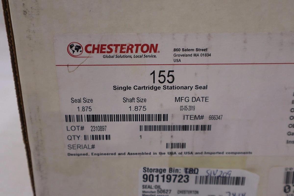 Used Chesterton Single Cartridge Stationary Seal 155 SHAFT/SEAL SIZE 1.875 SS NEW