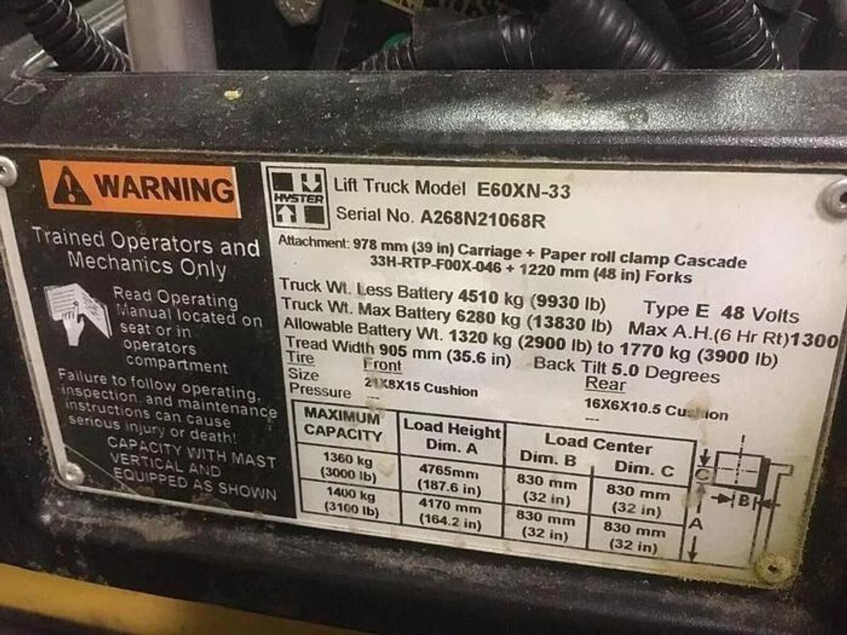 Used 2017 HYSTER E60XN-33 6000 POUND ELECTRIC FORKLIFT WITH 64" ROLL CLAMP 6600 HOURS