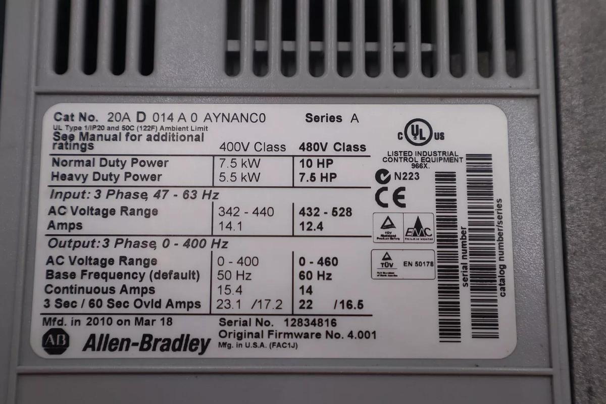 Allen Bradley 20AD014A0AYNANC0 Powerflex 70 AC Drive Normal Duty 10HP STK 2496