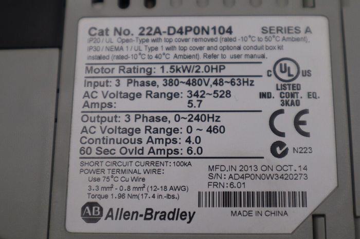 Used ALLEN BRADLEY 22A-D4P0N104 POWERFLEX 4 1.5kW/2.0HP SER A STOCK 5757