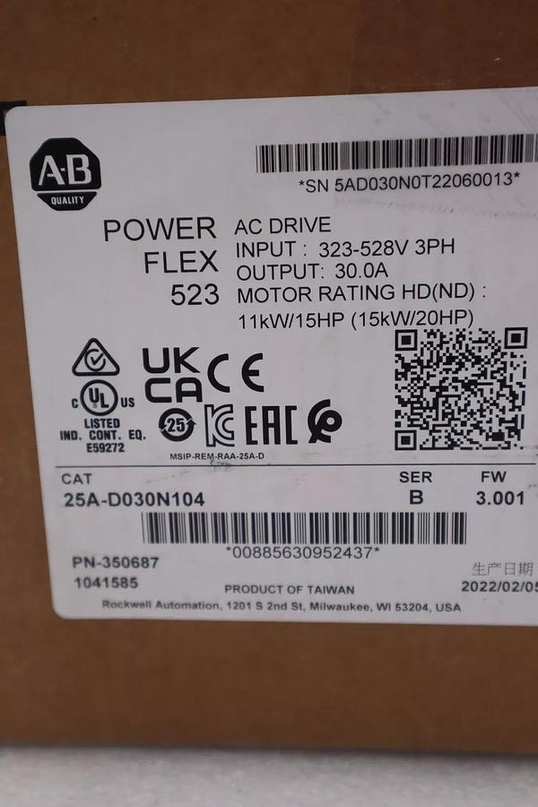 NEW 25A-D030N104 Allen-Bradley PowerFlex 523 15kW (20Hp) AC Drive STOCK 3268
