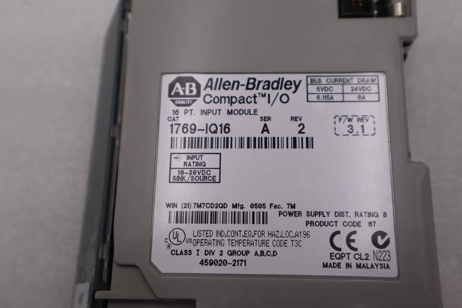 Used ALLEN-BRADLEY 1769-IQ16 SERIES A INPUT MODULE 2014 STOCK #L-313C