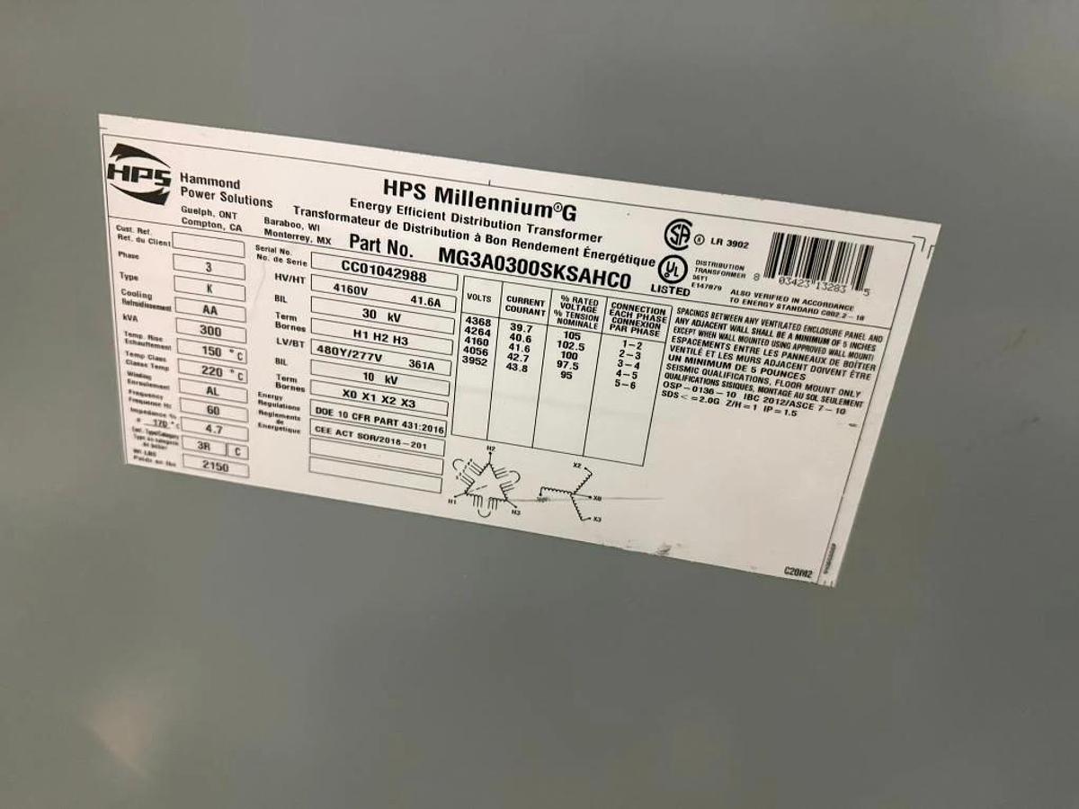 Used HPS MILLENNIUM G PART MG3A0300SKSAHC0 4160/480 300 KVA TRANSFORMER