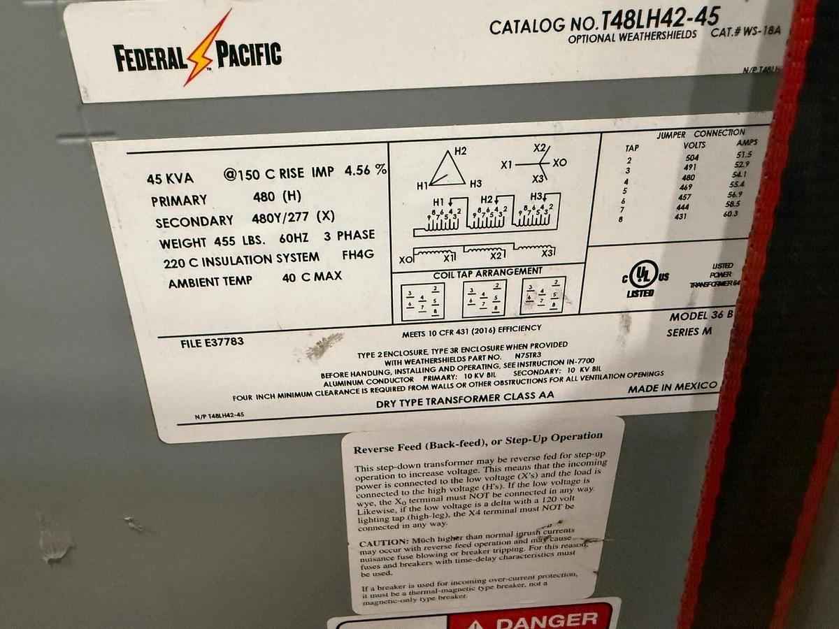 Used Federal Pacific T48LH42-45 Dry Type Transformer 45 kVa 480V to 480Y/277V #HP-107