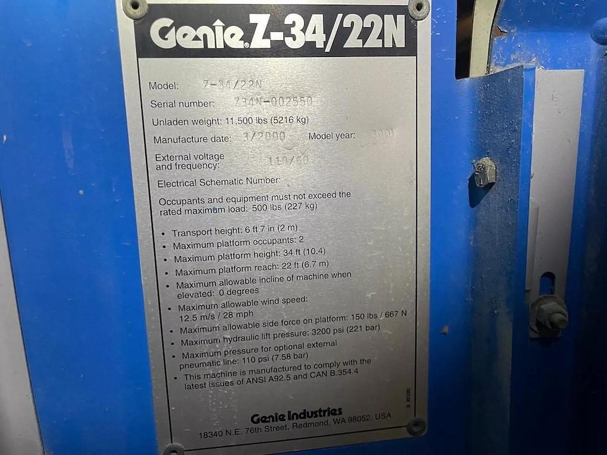 Used GENIE Z34/22N ELECTRIC ARTICULATING GENIE BOOM LIFT WITH JIB BOOM 1,300 HOURS