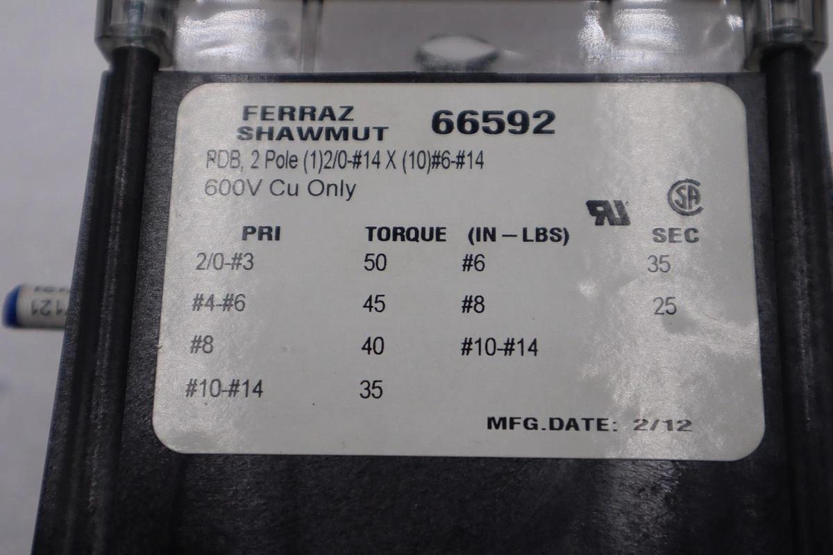 Used FERRAZ SHAWMUT 66592 600V DISTRIBUTION BLOCK STK H1735