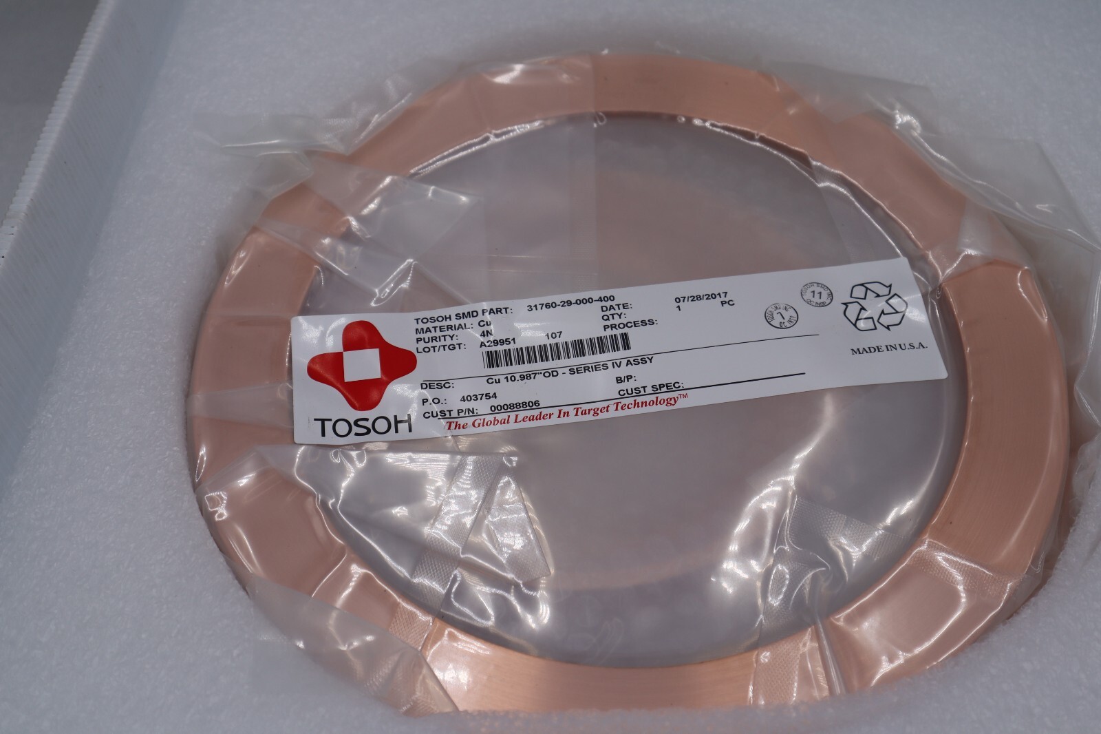 NEW Tosoh 31760-29-000-400 COPPER 10.987" OD STOCK 2627