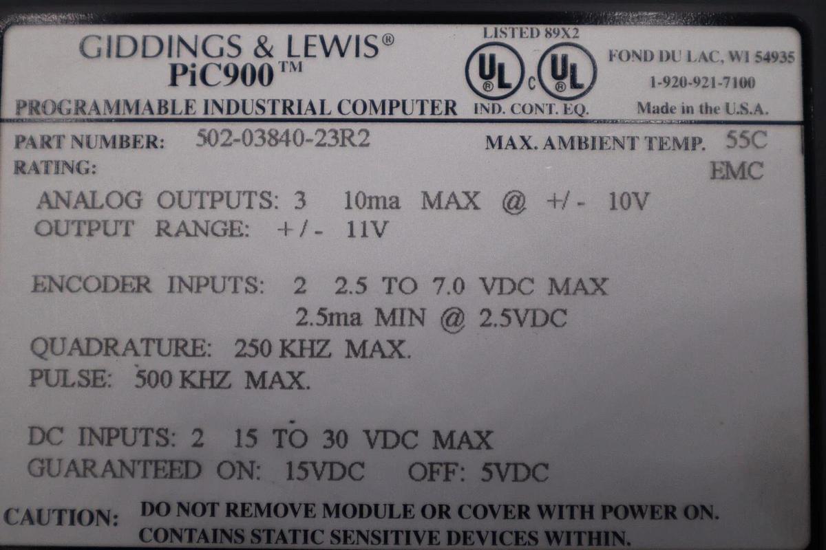 Giddings & Lewis 502-03840-23R2 PIC900 Programmable Industrial Computer New