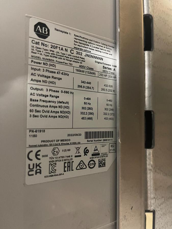 Used NEW ALLEN BRADLEY 20f1anc302jn0nnnnn POWERFLEX 753 AC DRIVE 250HP 3 PHASE #5243