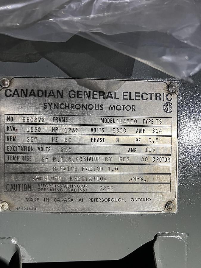 Used 1250 HP CANADIAN GENERAL ELECTRIC SYNCHRONOUS MOTOR MODEL 114550 (REBUILT)