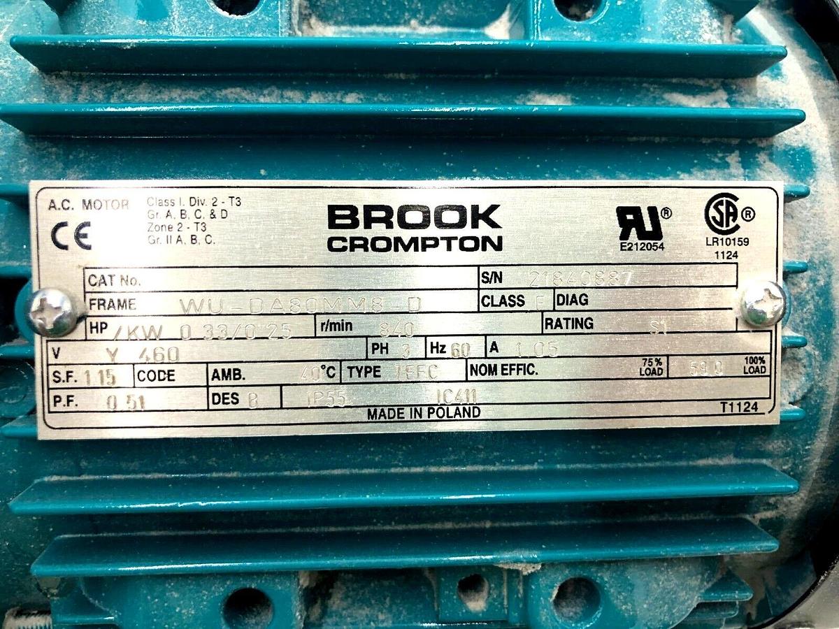 Used BROOK CROMPTON WU-DA80MM8-D AC MOTOR 3PH 834RPM 480V STOCK S-117