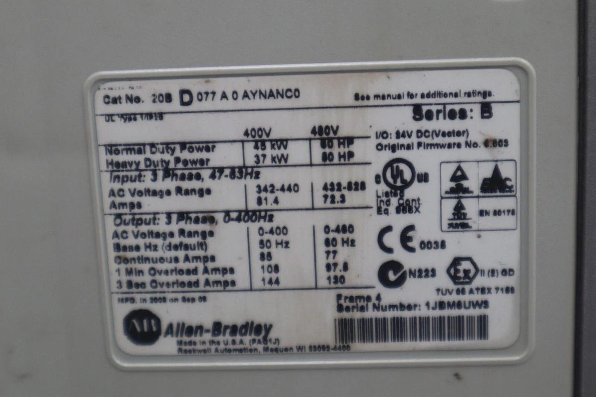 Used ALLEN BRADLEY 20BD077A0AYNANC0 AC DRIVE POWERFLEX 700 480V AC 60 HZ 60 HP #2109C