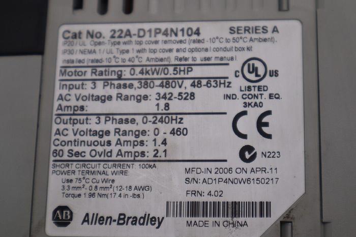 Used ALLEN BRADLEY 22A-D1P4N104 SER. A ADJUSTABLE FREQUENCY AC DRIVE  STOCK B-1291