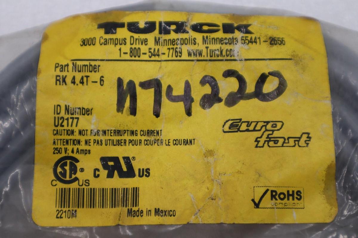 NEW Turck RK4.4T-6 Eurofast Cordset Cable Female Straight 4 Wire STOCK H1050