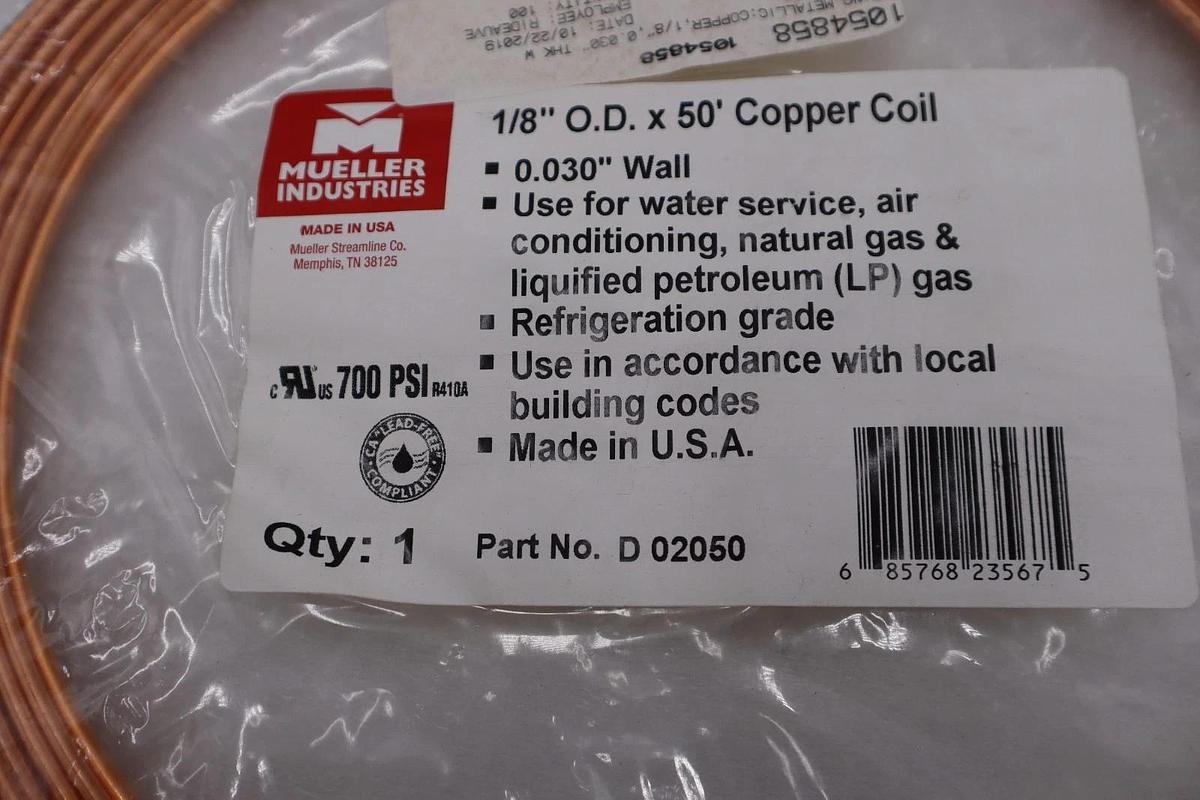 Used NEW Mueller D02050 Copper Coil 1/8OD .030"  B280 700 PSI 50' STK H342