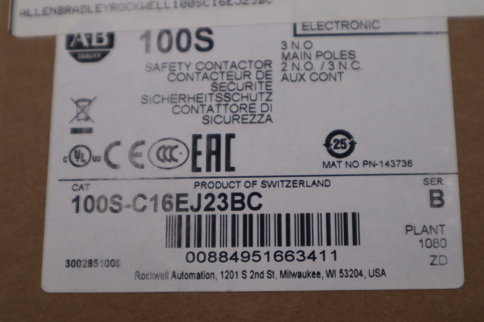 NEW ALLEN BRADLEY 100SC16EJ23BC SAFETY CONTACTOR 100S-C 16 AMP STOCK 5624