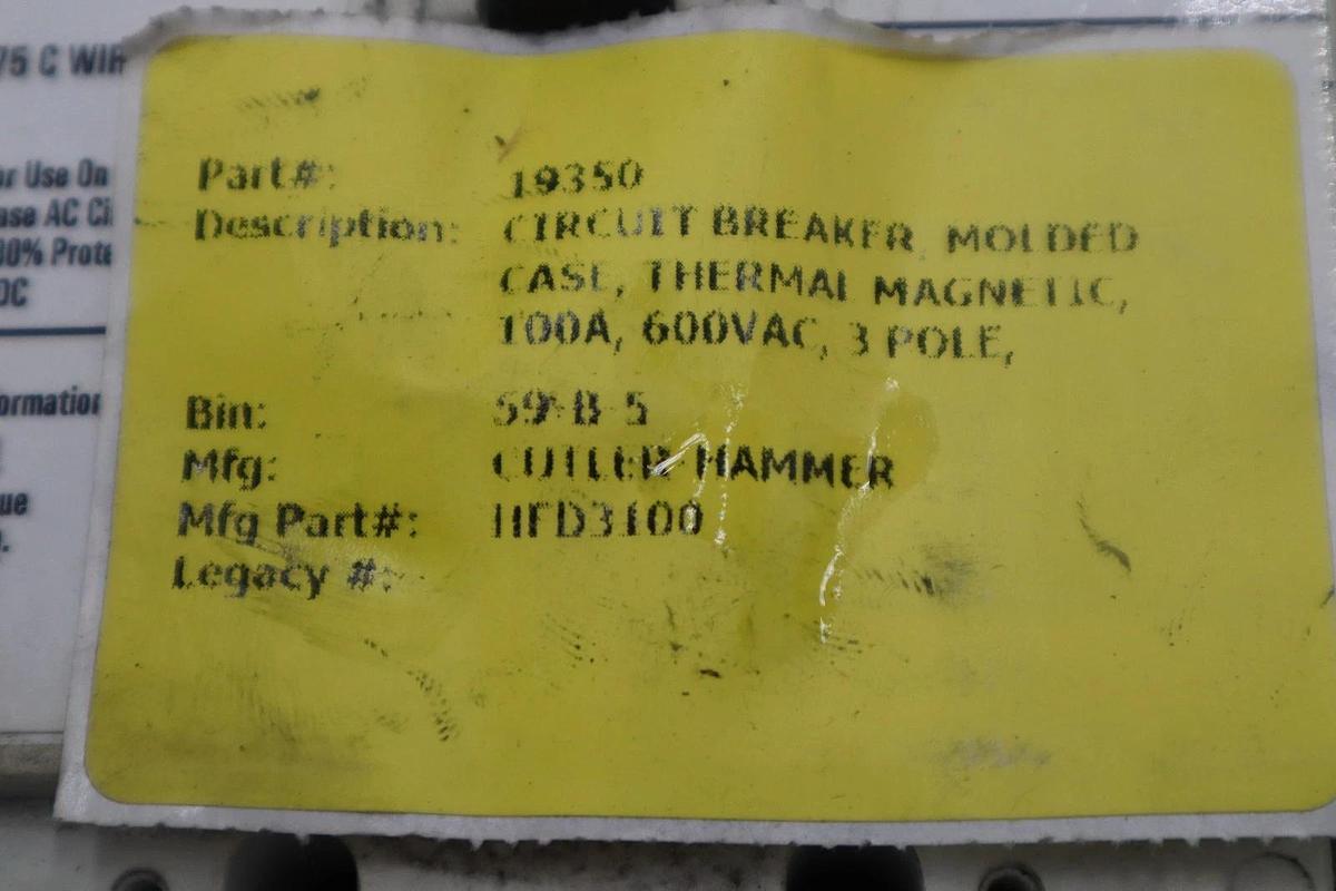 Used CUTLER HAMMER EATON HFD3100 100A 3 Pole 65k Circuit Breaker STK CC226 786679175897