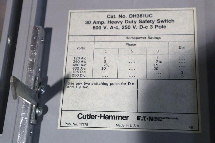 CUTLER HAMMER DH361UC HEAY DUTY SAFETY SWITCH 600V 3 POLE NON FUSIBLE #S-184