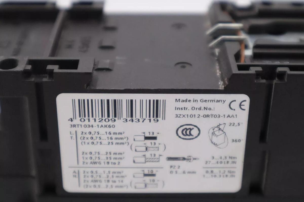 Used SIEMENS 3RT1034-1AK60 CONTACTOR COIL 120 VAC 25 HP 45 AMP STOCK K-45-A