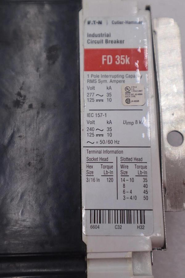 Used Eaton Cutler Hammer Industrial Circuit Breaker FD 35k 1 Pole Used Stock #2677