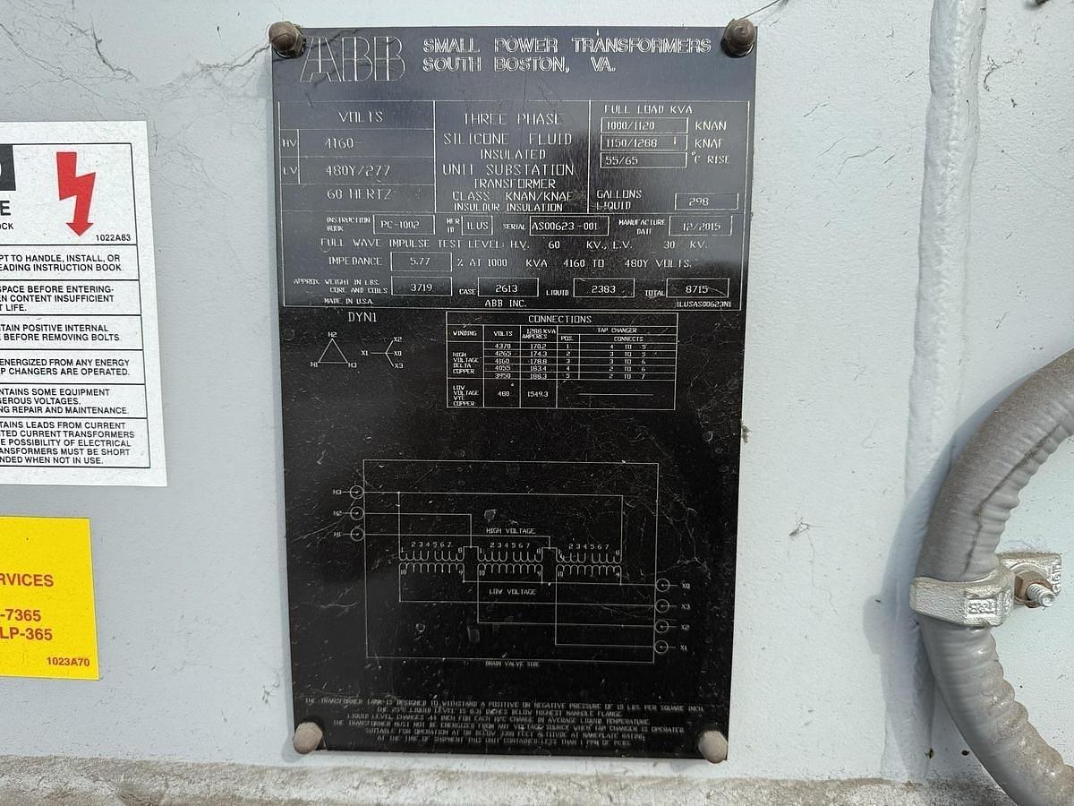 Used 1,000 KVA UNUSED ABB SUBSTATION TRANSFORMER 4160HV 480/277LV no oil