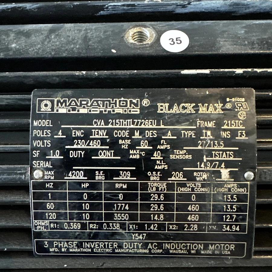 Used Marathon Motor CVA 215THTL7726EU L Inverter Duty AC Induction Motor 10 HP #HP117