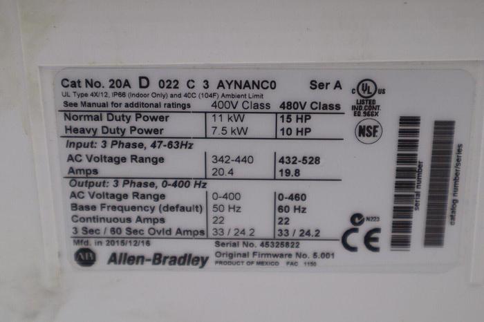 Used ALLEN BRADLEY 20AD022C3AYNANC0 POWERFLEX 70 AC DRIVE 15 HP STOCK 4734