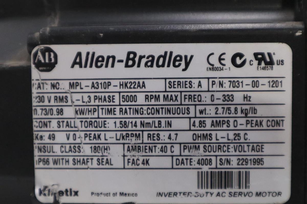 Used ALLEN BRADLEY MPL-A310P-HK22AA 7031-00-1201 SERVO MOTOR AB STOCK 4912-A