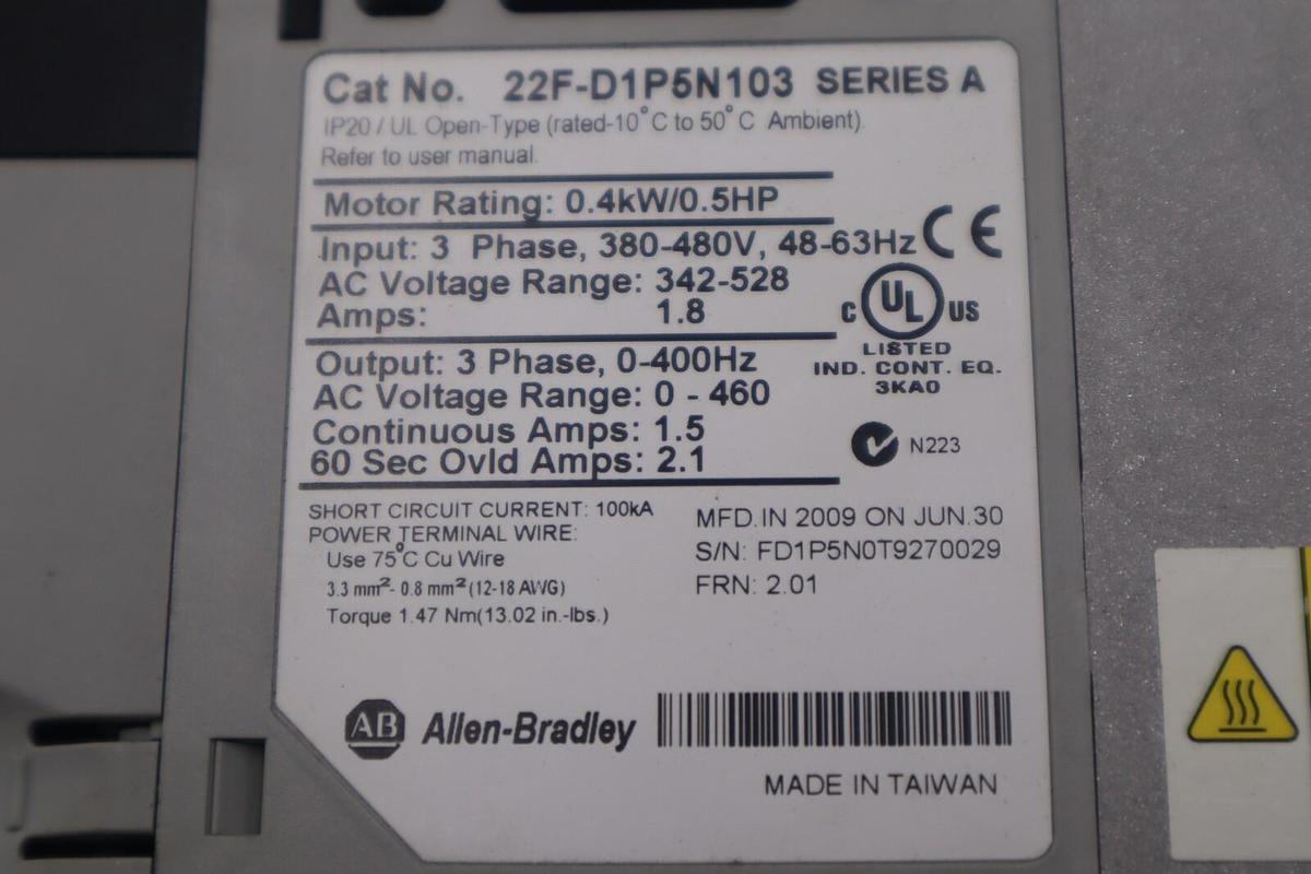 Used Allen-Bradley 22F-D1P5N103 Power Flex 4M 0.4 kW 0.5 HP AC Drive STOCK B-1382