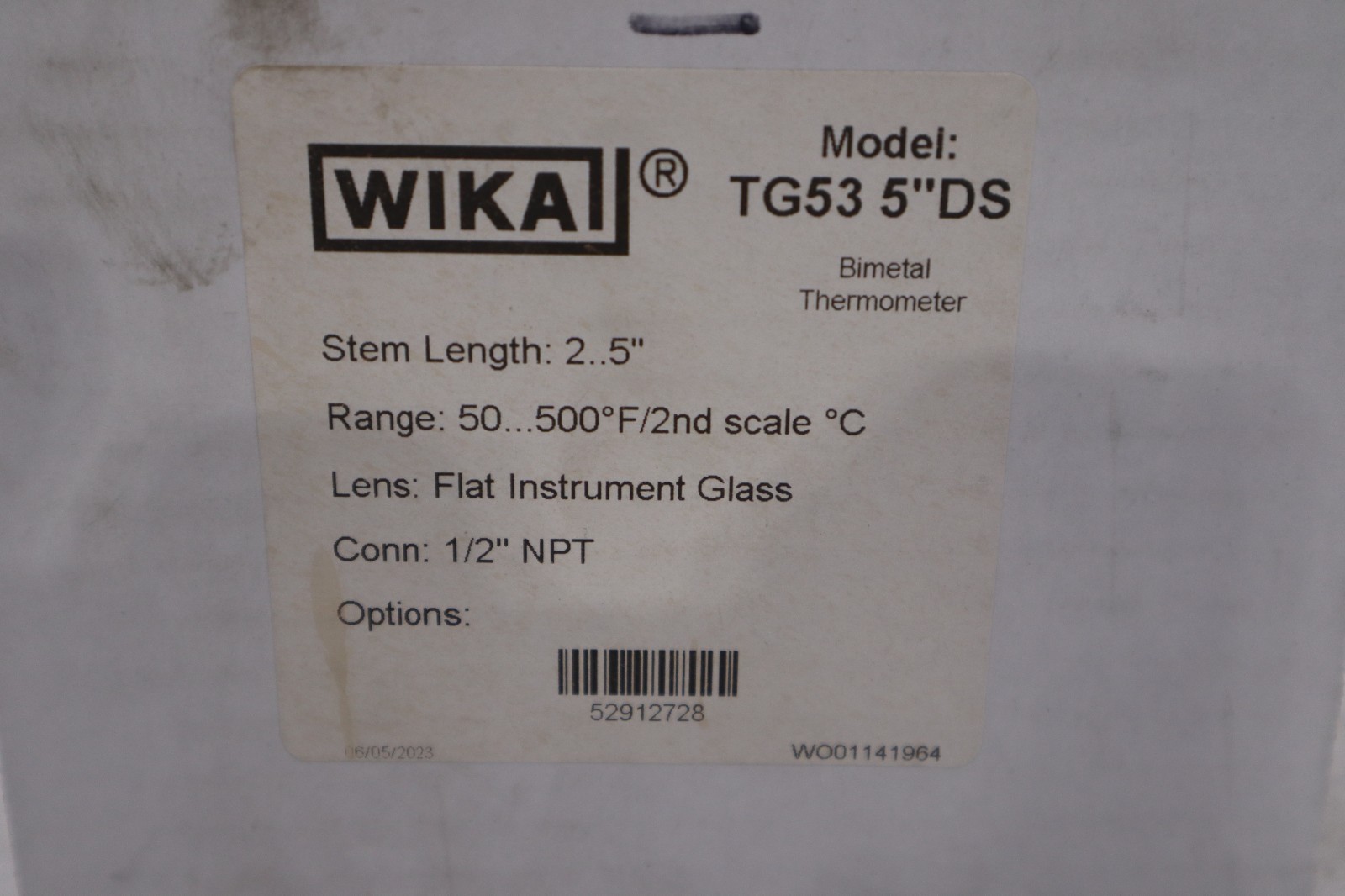 Wika TG53 5'' DS  Bimetal Thermometer  2.5'' RANGE 50-500F 1/2 NPT - STOCK GF264