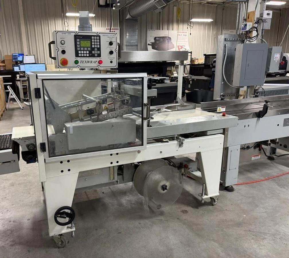 Used TEXWRAP MODEL 2219 SHRINK WRAP SYSTEM W/ TEXWRAP # F05—5’ LUGGED INFEED CONVEYOR