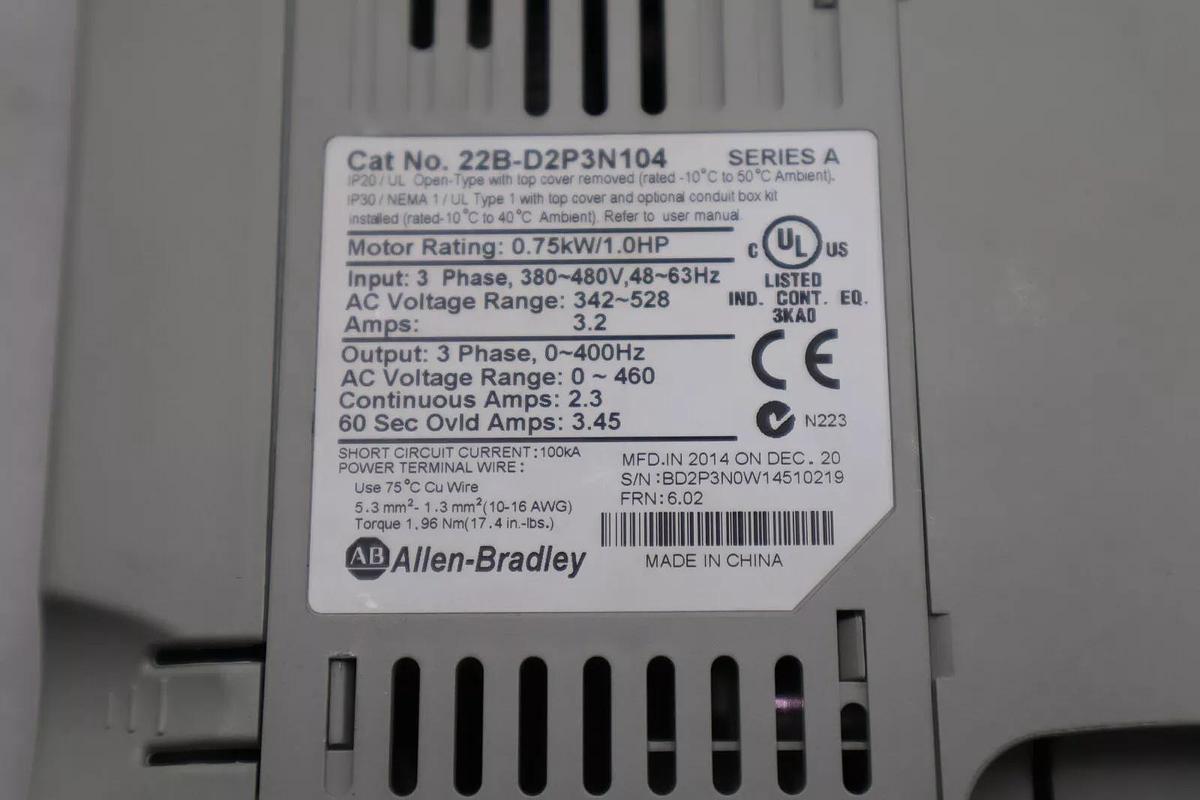 Used ALLEN BRADLEY 22B-D2P3N104 POWERFLEX 40 0.75kW/1.0HP SER A STOCK #1895