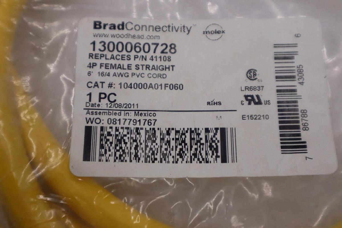 Used NEW BRAD HARRISON 104000A01F060 CORDSET 4 PIN 600V FEMALE STOCK H836