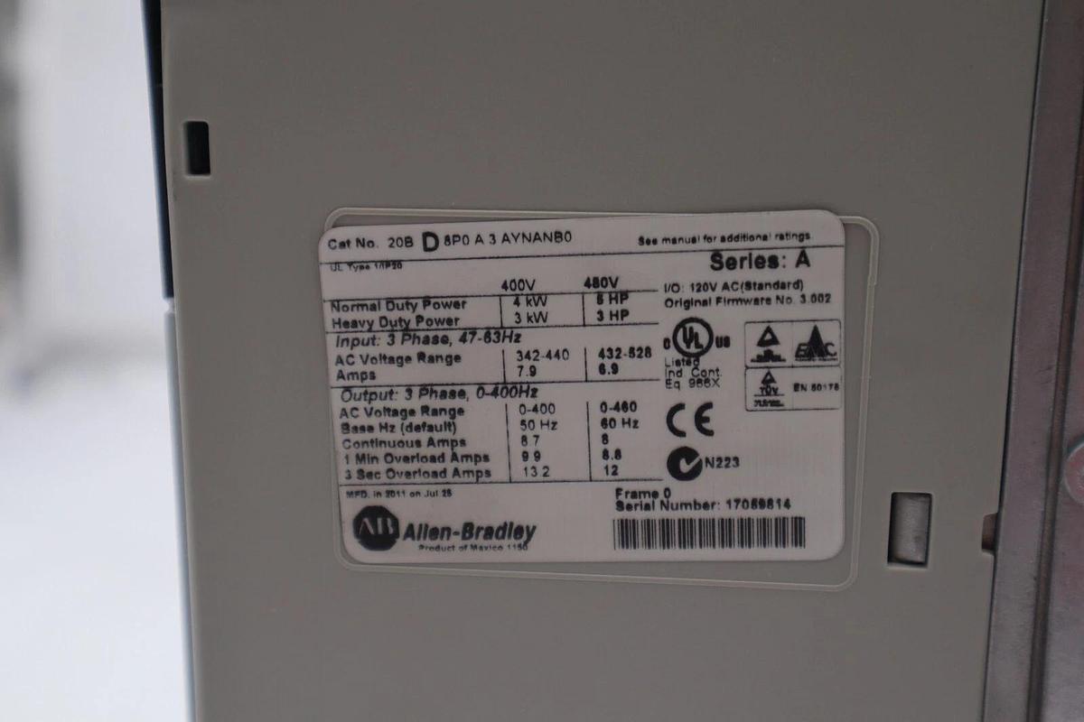 Used ALLEN-BRADLEY 20BD8P0A3AYNANB0 POWERFLEX 700 SERIES A STOCK #2801