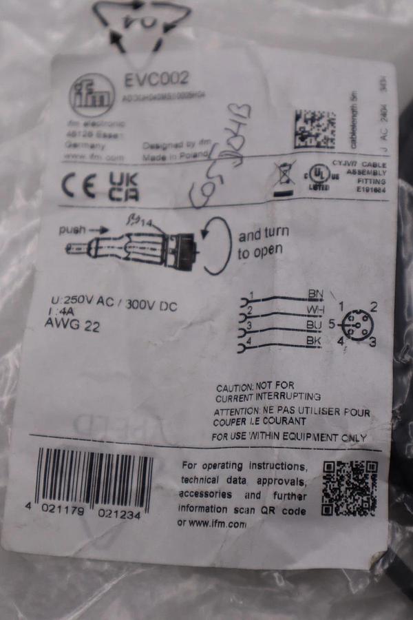 Used LOT OF 2 - IFM EVC002 Electronic Sensor Cable - STOCK H1400