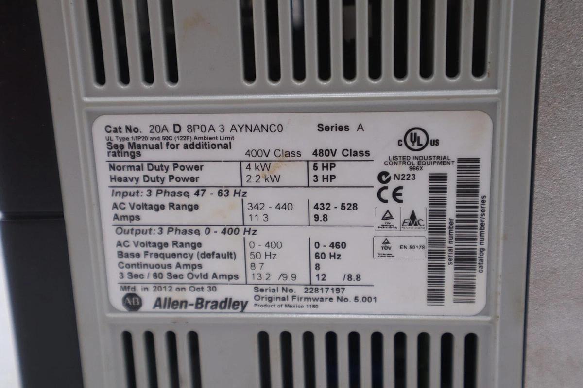 Used 20AD8P0A3AYNANC0 ALLEN BRADLEY POWERFLEX 70 5HP AC DRIVE 480 VOLT STOCK 3293