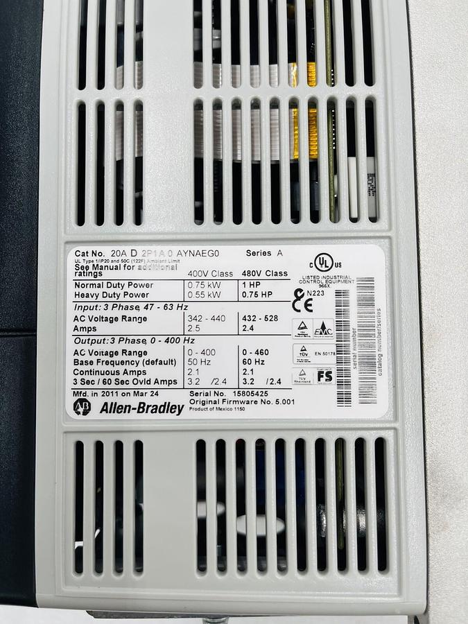 Used ALLEN BRADLEY 20AD2P1A0AYNAEG0 POWERFLEX 70 ADJUSTABLE FREQUENCY AC DRIVE #2249