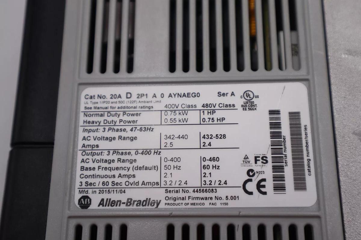 Used ALLEN BRADLEY 20AD2P1A0AYNAEG0 POWERFLEX 70 ADJUSTABLE FREQUENCY AC DRIVE #2947