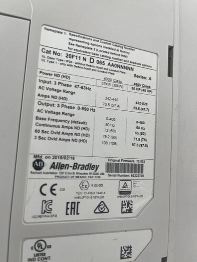 New Allen Bradley PowerFlex 753 VFD 20F11ND065AA0NNNNN AC Drive 50HP STOCK 4453