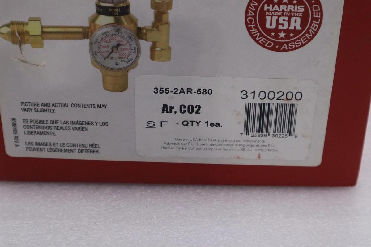 Used NEW, HARRIS MODEL 355-2 ARGON / CO2 FLOWMETER REGULATOR STOCK GF-1201